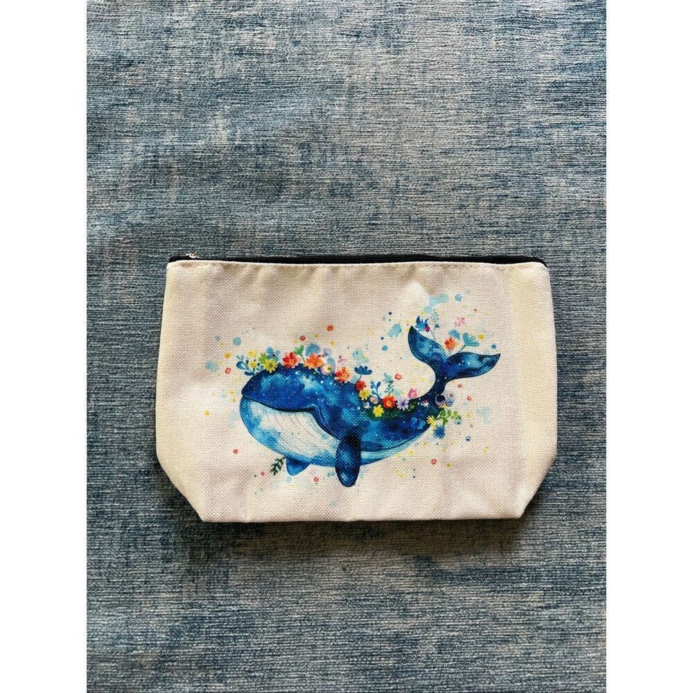 Cream Blue Whale Floral Cotton Canvas Small Makeup Bag Travel Toiletry Pouch